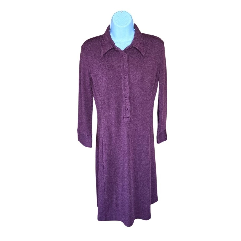 L.L. Bean Burgundy Wool Knit Polo Knee Dress Button Front Women 8 Preppy Classic